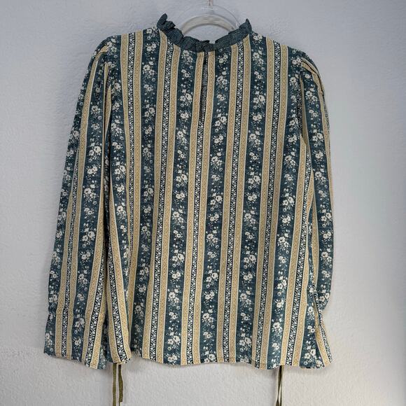 D'Ascoli Silk Striped Mock Neck Floral Long Sleeve Blouse Gray Beige Size Large - Picture 7 of 7